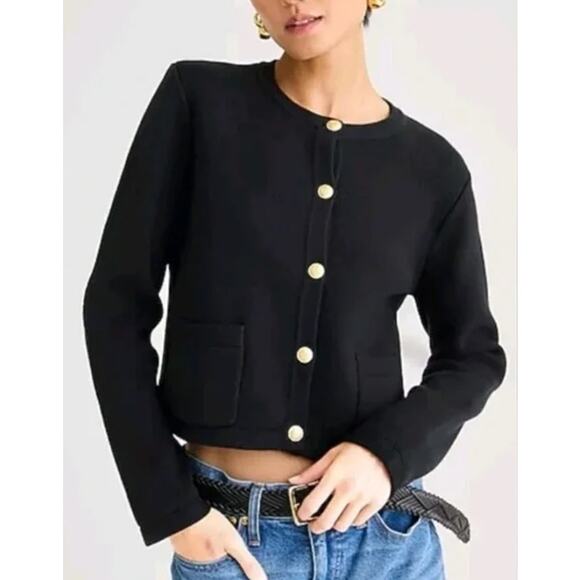 J. Crew Emilie Sweater Lady Jacket Gold Button Pocket Cropped Cardigan Black - Picture 1 of 11